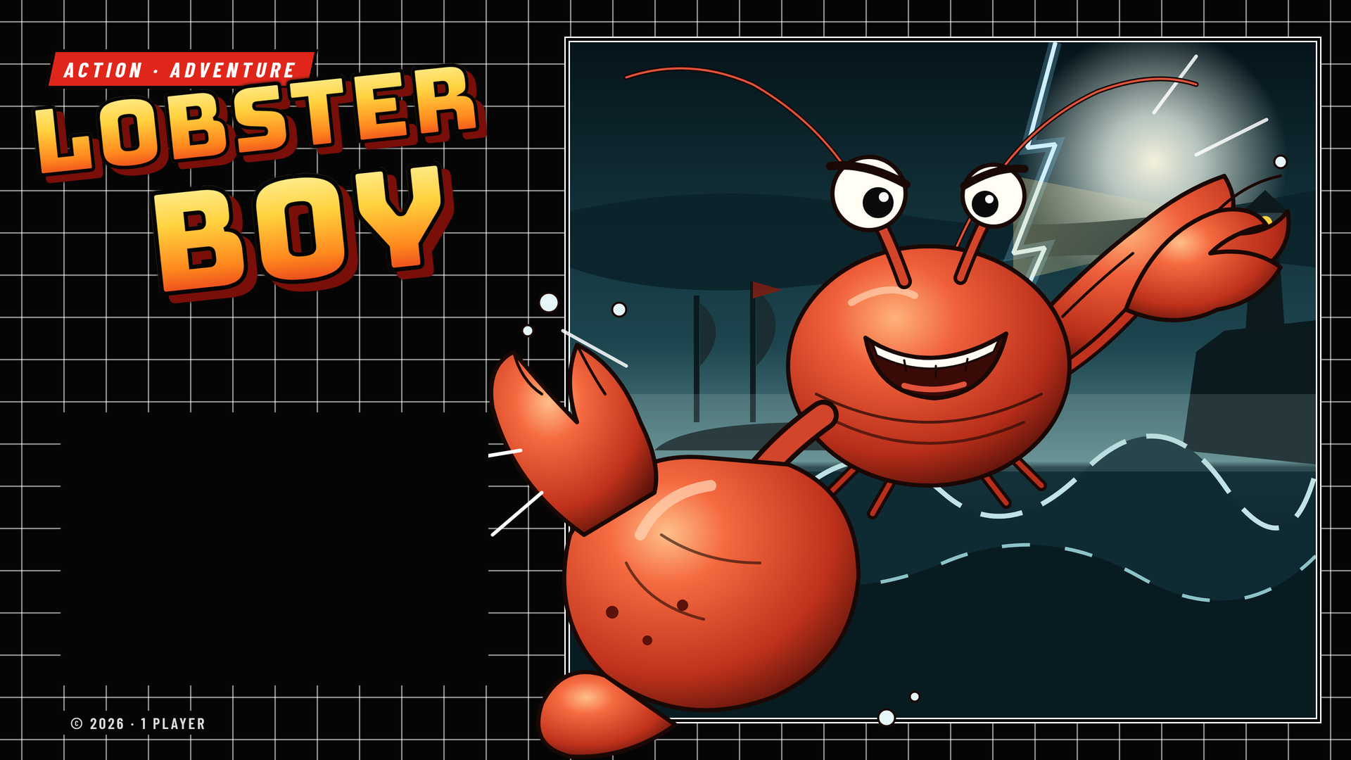 Lobsterboy – Action Adventure. A smiling lobster waves his claws on a stormy coast at night.